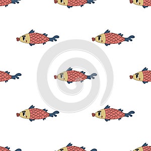 Vector seamless pattern with cute fish.color hand-drawn illustration in the cartoon style on white background.suitable for fabric
