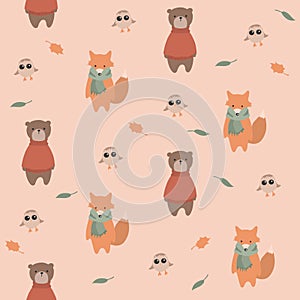 Vector seamless pattern with cute forest animals