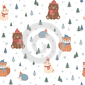 Vector seamless pattern with cute forest animals