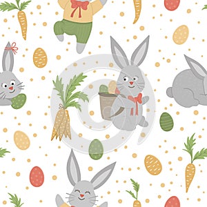 Vector seamless pattern with cute funny Easter bunnies, colored eggs and carrots.