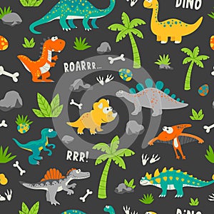 Vector Seamless Pattern. Cute and Funny Flat Dinosaurs - T-rex, Stegosaurus, Velociraptor, Pterodactyl, Brachiosaurus
