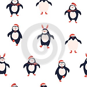 Vector seamless pattern with cute funny penguins