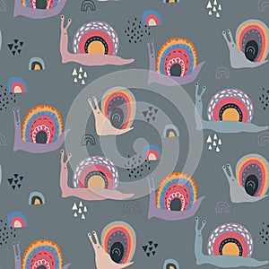 Vector seamless pattern with cute funny rainbow snails in abstract scandinavian style.