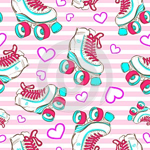 Vector seamless pattern with cute glamour roller skates. Girls. Sport. Love