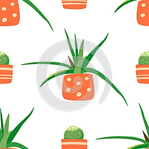 Vector seamless pattern with cute green cactuses and aloe. Home plants in pots. Flowers icons in a flat style