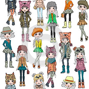 Vector seamless pattern with cute hipster girl