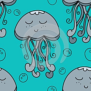 Vector seamless pattern, cute jellyfish in water and air bubbles