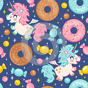 Vector seamless pattern of cute kawaii unicorns with candies and donuts. Pattern for children birthday party with unicorn