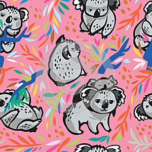 Vector seamless pattern with cute koala bears in the eucalyptus.
