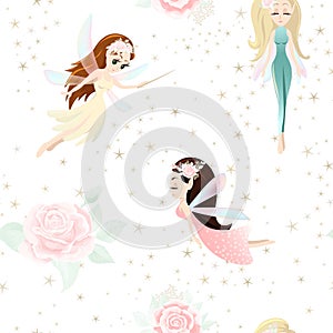 Vector seamless pattern with cute little fairy tale girls, mythical creatures