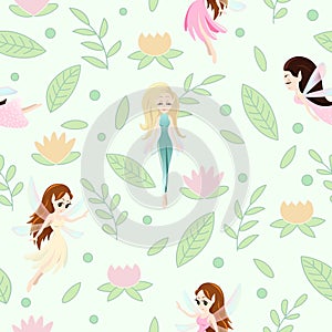 Vector seamless pattern with cute little fairy tale girls, mythical creatures