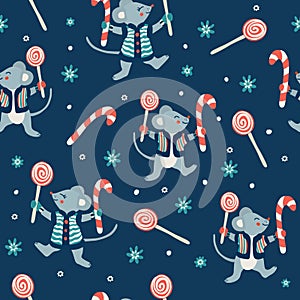 Vector seamless pattern with cute little mice and sweets.