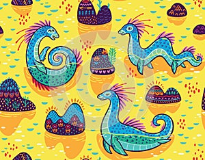 Vector seamless pattern with cute Loch Ness Monsters and decorative hills in the lake. Cartoon yellow surface background
