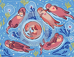 Vector seamless pattern with cute lovely otters in the sea. Decorative surface background