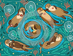 Vector seamless pattern with cute lovely otters in the sea. Decorative surface background photo
