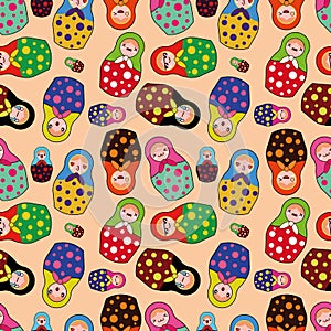 Vector seamless pattern with cute matryoshka, traditional Russian doll. Russian nesting doll, babushka doll. Matreshka