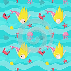 Vector seamless pattern with cute little mermaids