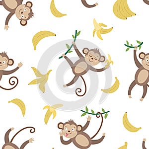 Vector seamless pattern with cute monkeys and bananas. Funny tropical animals and fruit digital paper. Bright flat background for