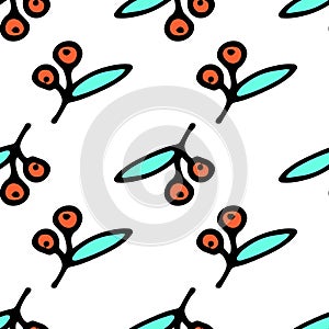 Vector seamless pattern of cute muzzle of two stylized red cherries with black outline leaves on a white background for a design