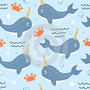 Vector seamless pattern Cute narwhal