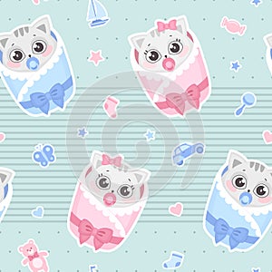 Vector seamless pattern with cute newborn baby cats