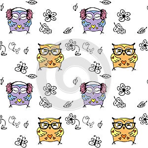 Vector seamless pattern with cute owls