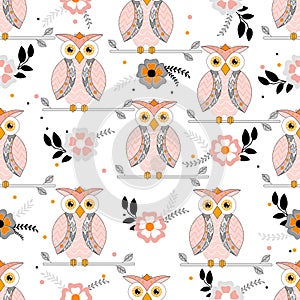 Vector seamless pattern with cute owls with flowers on white background.