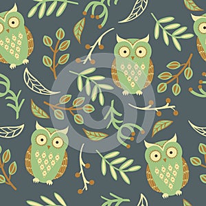 Vector seamless pattern with cute owls, leaves