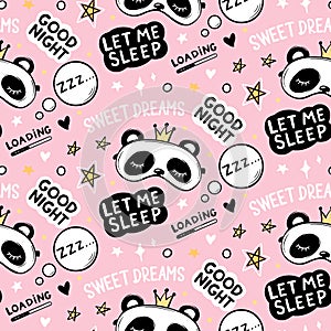 Vector seamless pattern with Cute Panda bear in crown sleep masks, good night lettering quote
