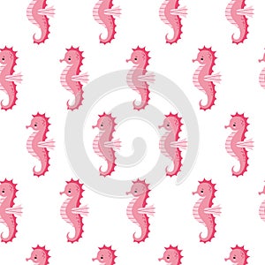 Vector seamless pattern with cute pink sea horse on white background