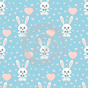 Vector seamless pattern with cute rabbit or hare with bow tie, ballon, hearts, flowers on blue background