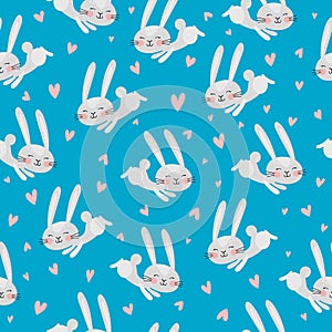Vector seamless pattern with cute rabbits, hearts