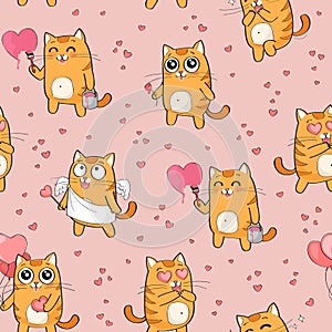 Vector seamless pattern with cute red cat in love