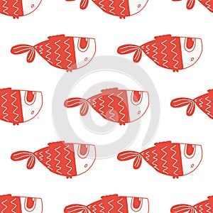 Vector seamless pattern with cute red fish.color hand-drawn illustration in the cartoon style on white background