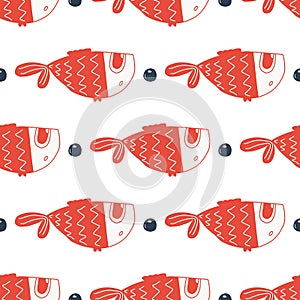 Vector seamless pattern with cute red fish.color hand-drawn illustration in the cartoon style on white background