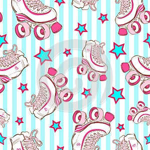 Vector seamless pattern with cute retro roller skates on blue striped background with stars.