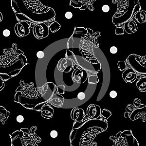Vector seamless pattern with cute retro roller skates. Vintage sketch style black and white background