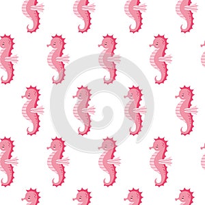 Vector seamless pattern with cute pink sea horse on white background