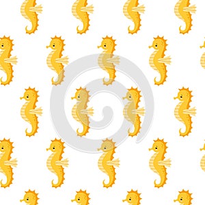 Vector seamless pattern with cute yellow sea horse on white background.