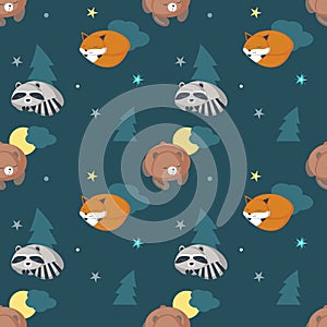 Vector seamless pattern with cute sleeping animals