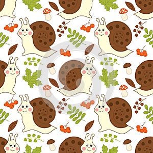 Vector Seamless Pattern with Cute Snails, Mushrooms, Berries and Leaves