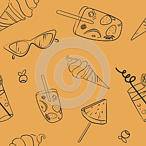 Vector seamless pattern of cute summer icons: food, drinks, fruits, sunglasses, ice cream. Bright summertime poster. Collection of