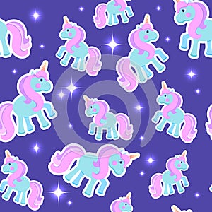 Vector seamless pattern with cute unicorns in the night sky. Magic goodnight endless texture