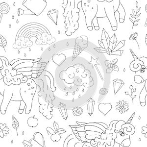 Vector seamless pattern of cute unicorns, rainbow, clouds, crystals, hearts, flowers outlines.