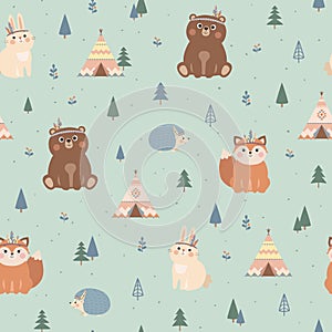 Vector seamless pattern with cute woodland tribal animals