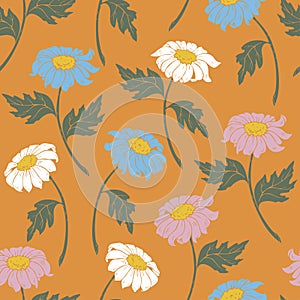 Vector seamless pattern with daisy flowers different colours.