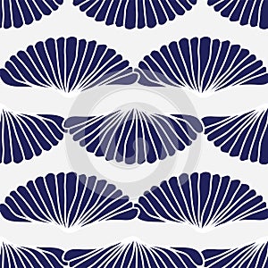 Vector seamless pattern, dark blue art deco fan or blue shell with white outlines on white background.