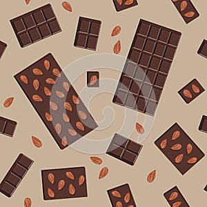 Vector seamless pattern of dark chocolate bar with almonds and pieces isolated on beige