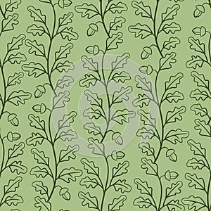 Vector seamless pattern with dark green vertical oak twigs on green background.