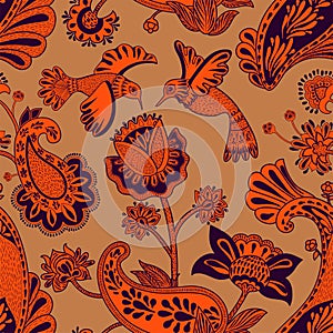 Vector seamless pattern, decorative indian style. Stylized flowers and birds on the red background. Colorful cartoon illustration